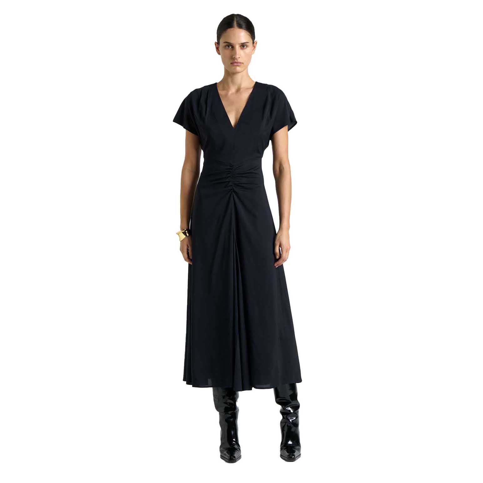 Cue Ink Stretch Viscose Gathered Front Midi Dress